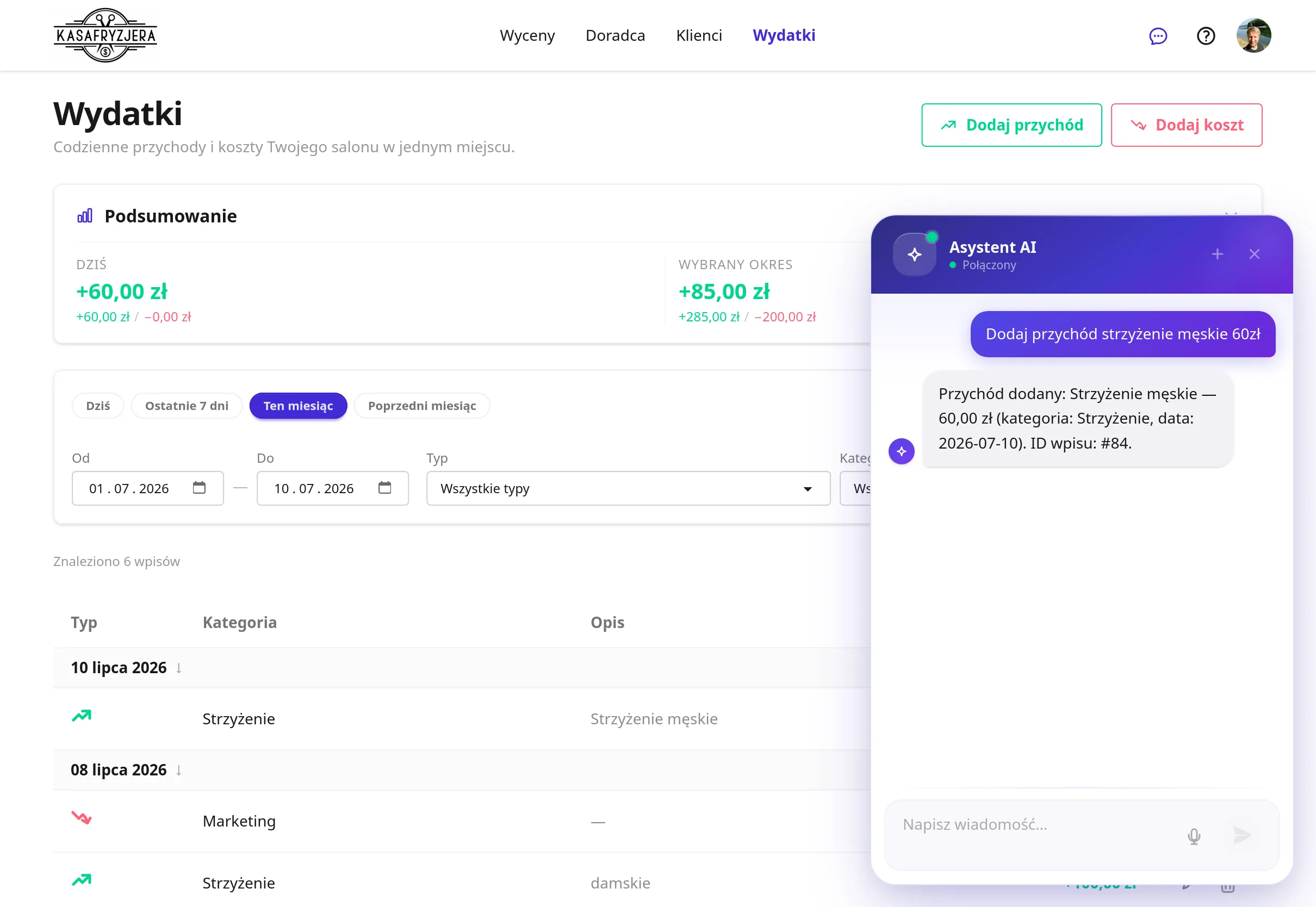 Panel asystenta AI dodającego przychód za strzyżenie męskie przez czat