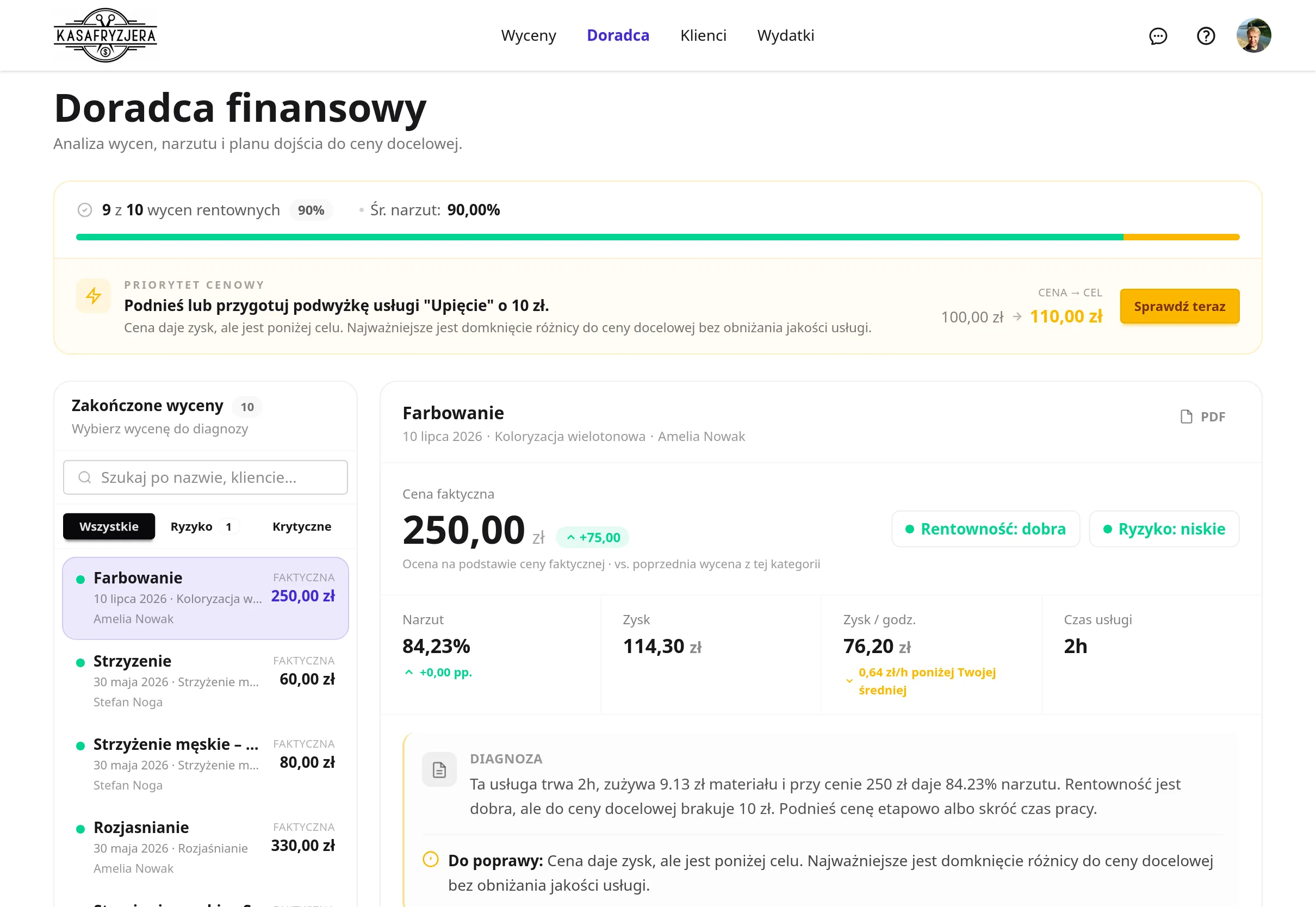 Ekran doradcy finansowego z diagnozą wyceny, rentownością i priorytetem cenowym
