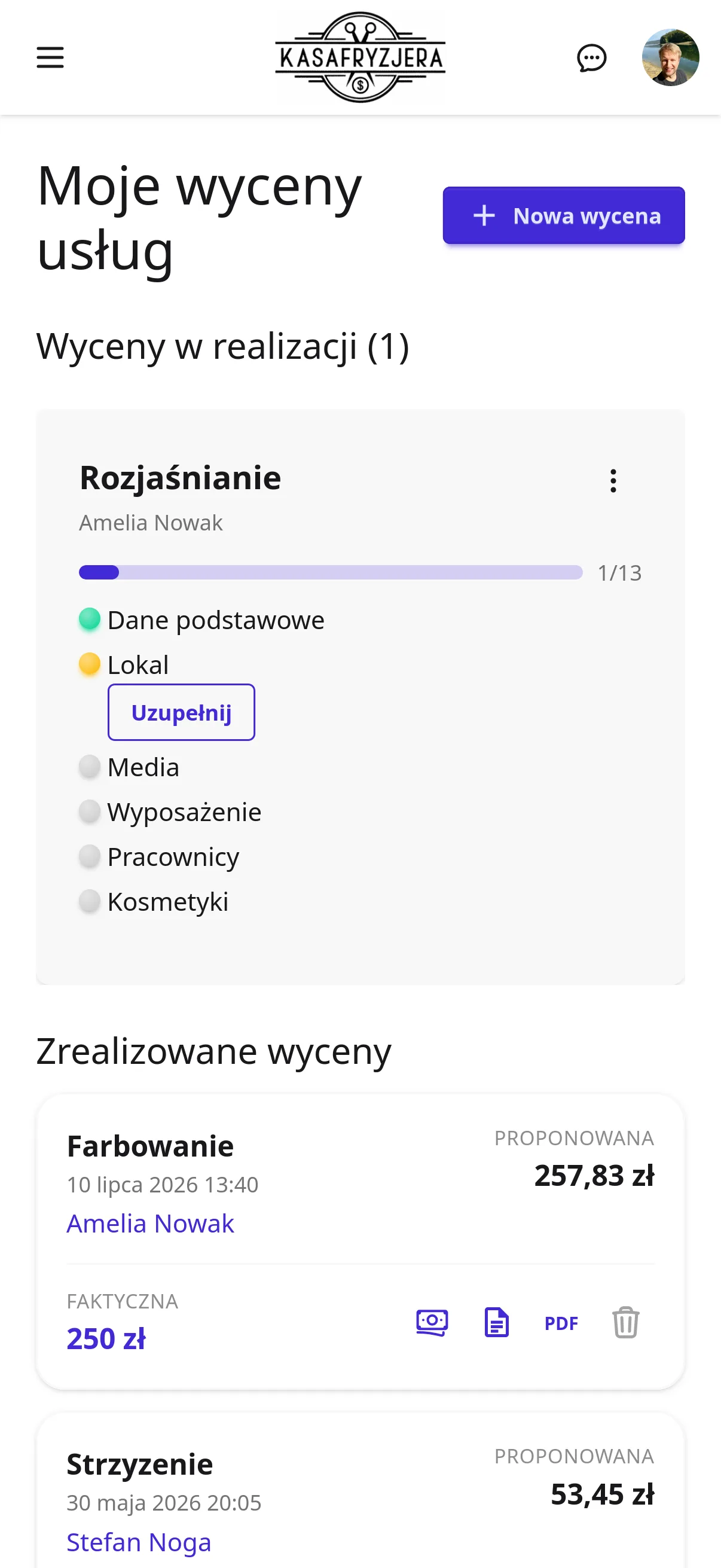 Lista wycen usług na telefonie