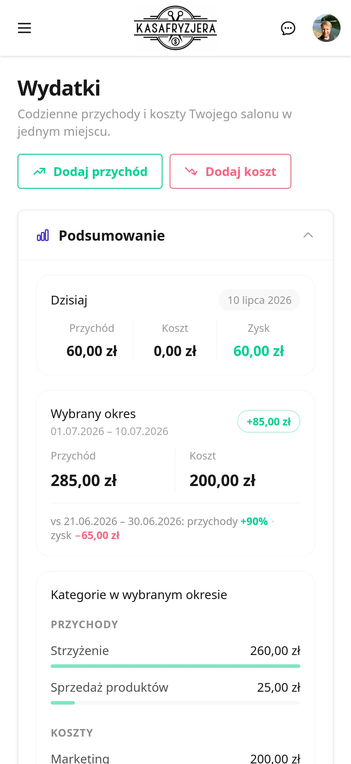 Podsumowanie przychodów i kosztów salonu na telefonie